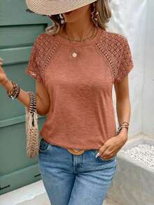 Elegante Camiseta Ajustada Con Patchwork De Encaje Y Manga Corta - Marrón - Ver 5