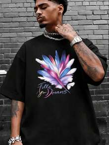 M E N's Bl A Ck Feather PrI Nt Casual T-Shirt SprI Ng High Quality Cotton Unique Graphic PrI Nt Hip Hop Street Style Breathable - Black - View 2