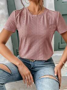 Camiseta blanca de cuello redondo con bordado de ojales, minimalista para ir a la oficina, estilo antiguo y sencillo - Rosa vieja - Ver 3
