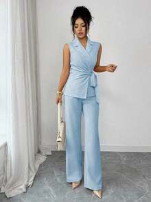 Conjunto elegante y romántico de blazer y corbata de moño para vacaciones y oficina para mujeres - Azul - Ver 3