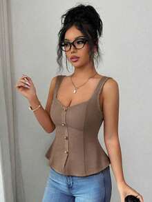 Top de tirantes anchos con cuello cuadrado, abotonado delantero, cintura plisada y ajustado para mujer, unicolor y elegante - Marrón Mocha - Ver 7