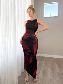 Vestido ajustado sin mangas con estampado de teñido anudado - Rojo - Ver 3