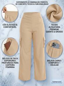 Wide Leg Plus Size Winter High Waist New Release Cold Autumn Elegant Palazzo Pants With Side Pockets Cargo Butt Lifting Premium Tailoring Sizes 46 To 56 - 米色 - View 10