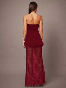 de 2 piezas que incluye top corto con corpiño y falda mini con dobladillo de encaje en estilo A-line, color negro, adecuado para citas, graduaciones, conciertos, vestidos de dama de honor, bodas, ocasiones románticas, estilo minimalista, conju - Burdeos - Ver 2