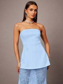 de 2 piezas que incluye top corto con corpiño y falda mini con dobladillo de encaje en estilo A-line, color negro, adecuado para citas, graduaciones, conciertos, vestidos de dama de honor, bodas, ocasiones románticas, estilo minimalista, conju - Celeste - Ver 4