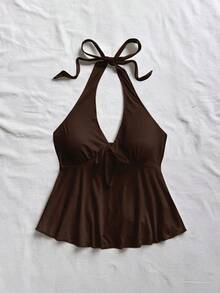 Bata escote en V con lazo y espalda descubierta informal de estilo casual para vacaciones, adecuada para el verano - Marrón - Ver 4