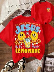 [% Cotton] TaggedThreads Jesus Lemonade T-Shirt, But My Jesus Is Making Lemonade, Women's Graphic Tee, Casual Short Sleeve Crew Neck T-Shirt, Comfortable Summer, Autumn And Winter Styles - Unisex Everyday Wear For Women And Men For Campus - 紅色 - 查看 1