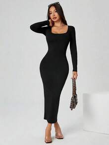 Vestido largo de manga larga con cuello cuadrado color negro sólido ajustado, vestido elegante de manga larga para mujer con cuello cuadrado, ajuste ceñido, manga recta, liso, para uso diario casual en primavera/otoño - Negro - Ver 6