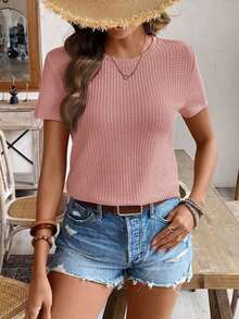 de manga corta para la primavera y el verano con cuello redondo y unicolor en tela texturizada para uso casual - Rosa vieja - Ver 4