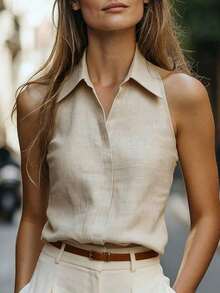 Blusa sin mangas de lino tipo mandarín con cuello, versátil y estilizadora para ir al trabajo - Albaricoque - Ver 6