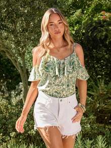 Blusa de mujer de gasa con hombros descubiertos, bajo con volantes y estampado, para primavera/verano y vacaciones - Verde 2 - Ver 7