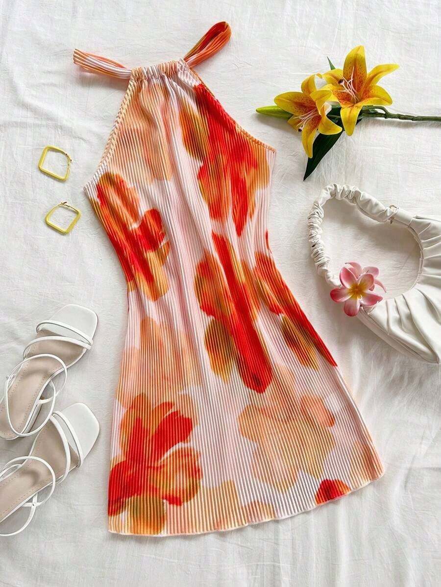 Vestido mini plisado con estampado floral y cuello de halter para mujer, silueta ajustada, ideal para vacaciones, citas, té de tarde, vacaciones, festivales de música, estilo bohemio, primavera/verano - Multicolor 2 - Ver 1