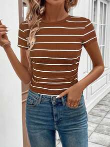 LUNE Conjunto deportivo de tiempo libre para atletismo, ciclismo, running, baloncesto - Camiseta casual cómoda de cuello redondo, ajustada, a rayas blancas y negras con recogido en la cintura, para mujer - Café integral - Ver 6