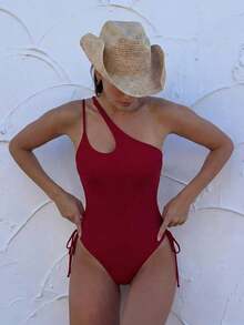 Traje De Baño De Una Pieza Sin Anillo De Acero Con Lado De Cordón - Rosa Roja - Ver 5