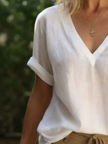 Blusa casual holgada de mujer de unicolor con cuello en V y manga corta - Blanco - Ver 3