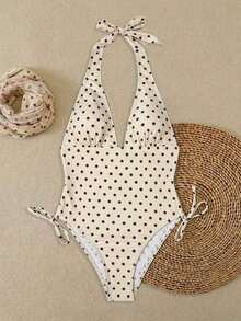 Elegante y sexy traje de baño de una pieza con escote en V y lunares marrones, blanco, casual para primavera/verano, traje de baño de moda para playa, resort y fiesta en la piscina - Multicolor - Ver 3
