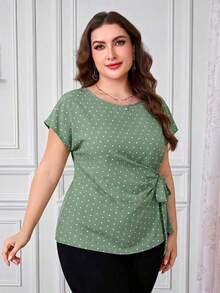 Camisa casual de manga corta con diseño plisado y teñido anudado para mujer de talla grande, adecuada para vacaciones, fiestas y salidas - Verde 2 - Ver 6