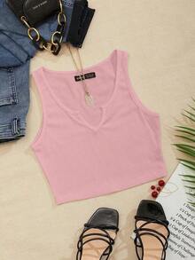 Top corto de punto acanalado de unicolor minimalista para uso casual y de oficina para mujer - Rosa - Ver 4