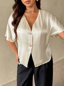 Camisa de manga corta de unicolor casual de talla grande, verano - Blanco 2 - Ver 1