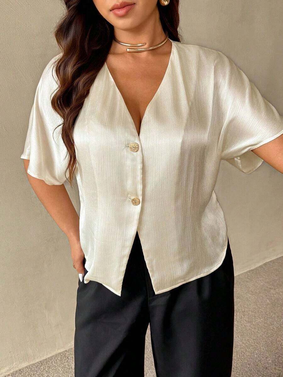 Camisa de manga corta de unicolor casual de talla grande, verano - Blanco 2 - Ver 1