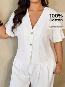 Camisa de manga corta de unicolor casual de talla grande, verano - Blanco 3 - Ver 5