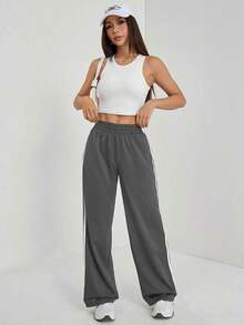 Pantalones casuales con rayas laterales negras, de estilo simple y de moda para uso diario, graduación, maestros y vuelta al colegio para mujeres - Gris Oscuro - Ver 5