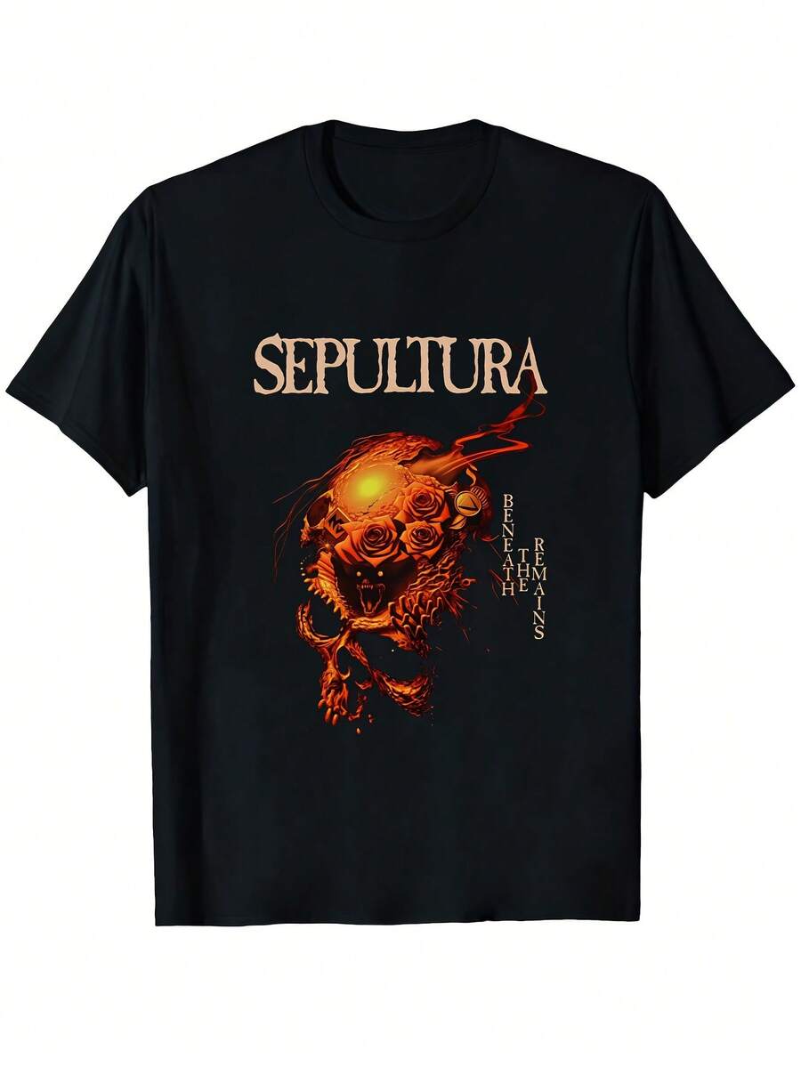 Sepultura Beneath The Remains 1989 Graphic T-Shirt, Unisex, From The Heavy Metal Band, Black With Orange Skull Design, Vintage 80s Style, Death Metal T-Shirt, Streetwear For All Seasons, Ideal For Concerts. - 黑色 - 查看 1