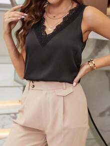 Privé Blusa con encaje en contraste de satén - Negro - Ver 4