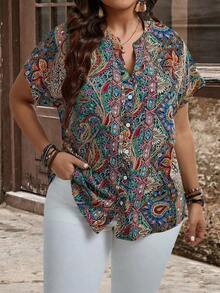 Camisa de manga corta con botones y estampado de estilo bohemio para mujer de talla grande, para primavera y verano - Multicolor 2 - Ver 5