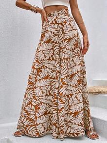 Pantalones de pierna ancha con estampado tropical - Marrón - Ver 4