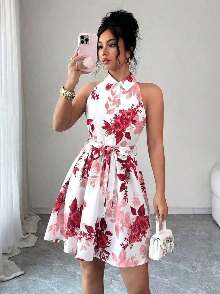 Vestido de cuello halter de impresión floral elegante de verano - Multicolor - Añade 4