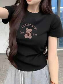 韓式甜美風黑色 HONEY BABY 熊圖案短袖 T 恤，女款修身顯瘦上衣，日系可愛風，熊與字母印花 T 恤 - 黑色 - 查看 1