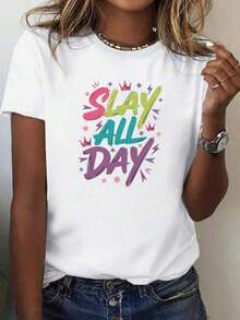 Women's Pure Cotton "Slay All Day" T-Shirt, Comfortable Fit Printed T-Shirt. Women's Summer Outfits, Women's Holiday Clothes, Stylish T-Shirts, Fashion Tops,  T-Shirts - 白色 - 查看 1
