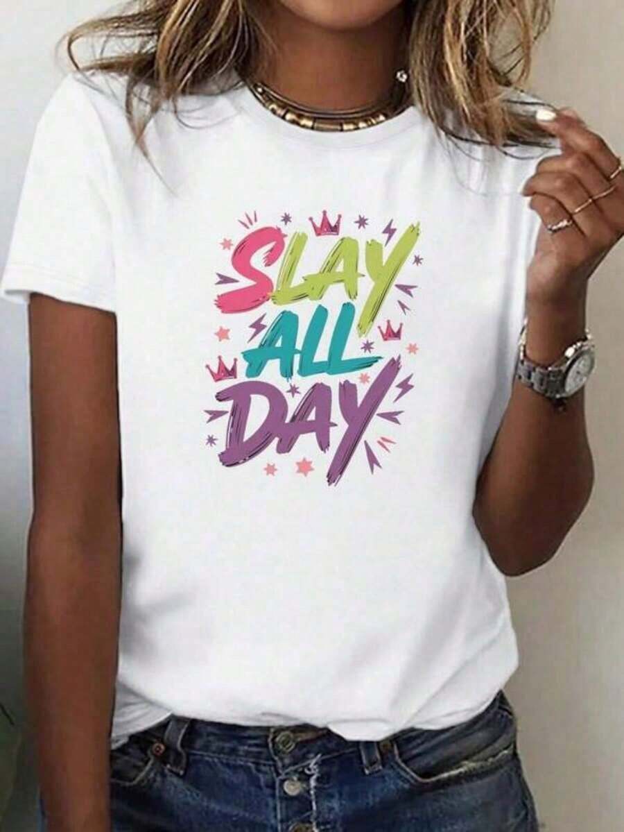 Women's Pure Cotton "Slay All Day" T-Shirt, Comfortable Fit Printed T-Shirt. Women's Summer Outfits, Women's Holiday Clothes, Stylish T-Shirts, Fashion Tops, T-Shirts - 白色 - 查看 1