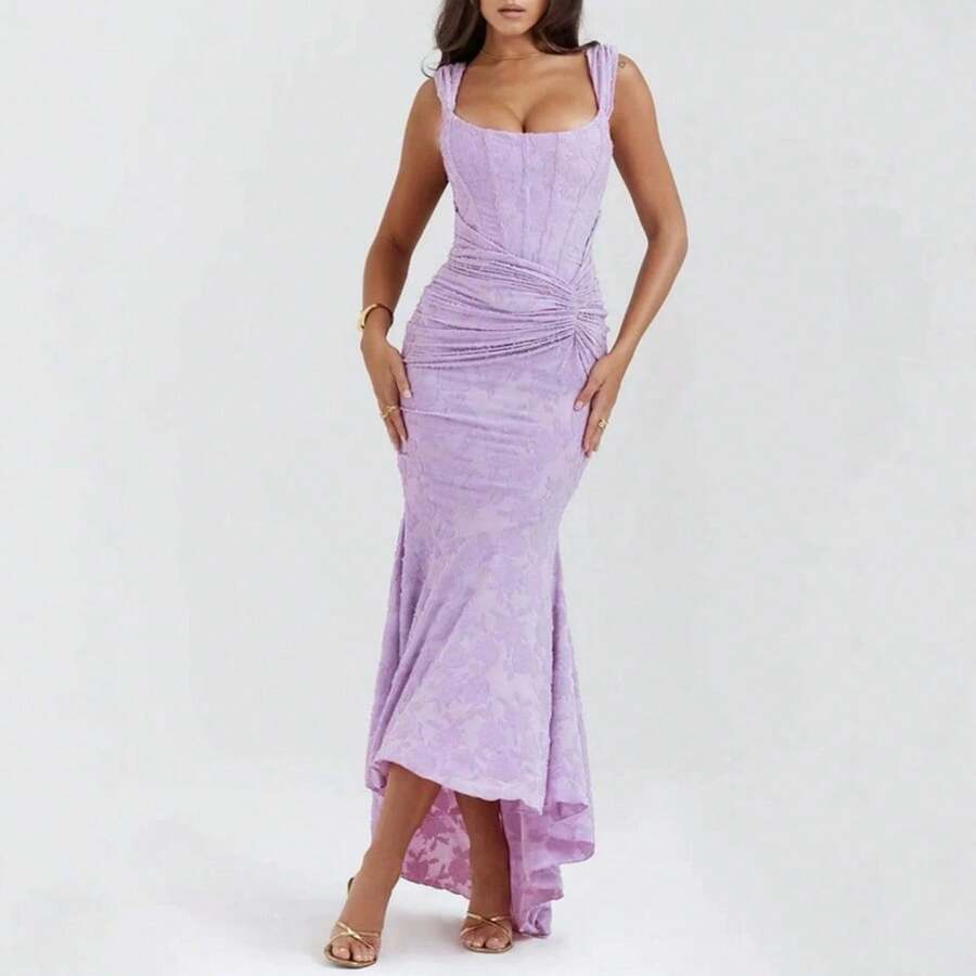 Solid Color Party Dress, Low Neck, Sleeveless, Elegant Fitted Cut, New Spring-Summer Collection For Women - Purple - View 1
