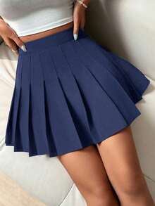 Falda pantalón casual de talle alto con pliegues y rayas para mujer - Azul marino - Ver 5