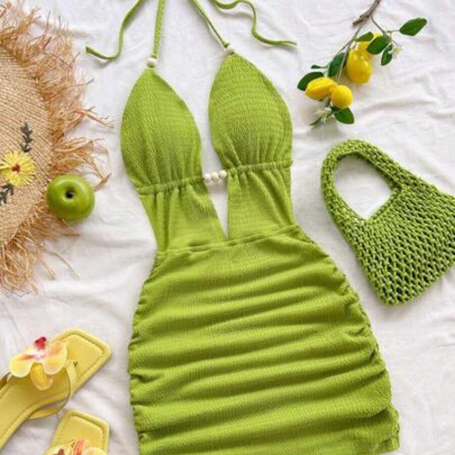 Women's Solid Color Spaghetti Strap Deep V-Neck Ruched Sexy Mini Dress - Verde - Ver 1