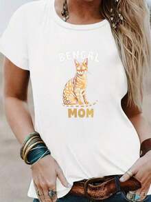 BENGAL MOM Graphic T-Shirt, 100% Cotton, Short Sleeve And Round Neck, Casual For Spring And Summer, Women's Clothing. - 白色 - 查看 1