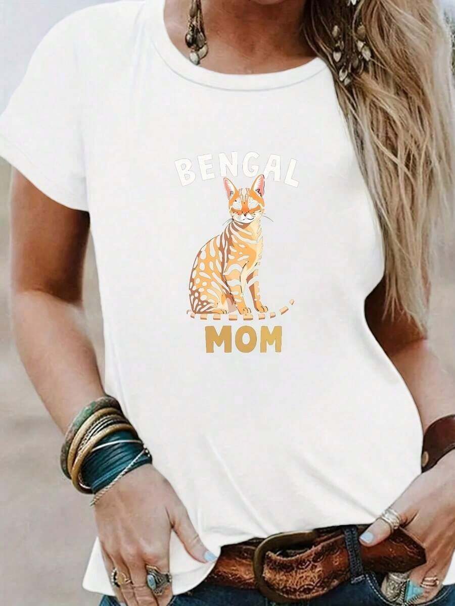 BENGAL MOM Graphic T-Shirt, 100% Cotton, Short Sleeve And Round Neck, Casual For Spring And Summer, Women's Clothing. - 白色 - 查看 1