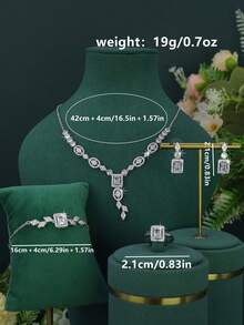 Bộ trang sức cưới 5 món mạ vàng trắng sang trọng kiểu hoàng gia, thiết kế hình học, đính đá Cubic Zirconia trắng thủ công, bao gồm dây chuyền, vòng tay, bông tai và nhẫn, thích hợp đeo hàng ngày và làm quà tặng cưới, kỷ niệm ngày cưới. - Bộ hình học - Xem 3