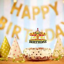 Carousel Happy Birthday Cake Topper Glitter Vintage Circus Tent Carnival Cake Decor For Amusement Park Circus Theme Baby Shower Birthday Party Cake Decorations Supplies - như hình - Xem 6