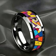 8mm Steel Color Tungsten Carbide Beveled Edge Ring, Decorated With Picasso Style Abstract Human Face Pattern, Artistic 3D Personalized Ring, Comfortable Fit Unisex Jewelry, Suitable As Gift For Art Lovers - Abstract Human Face - View 5