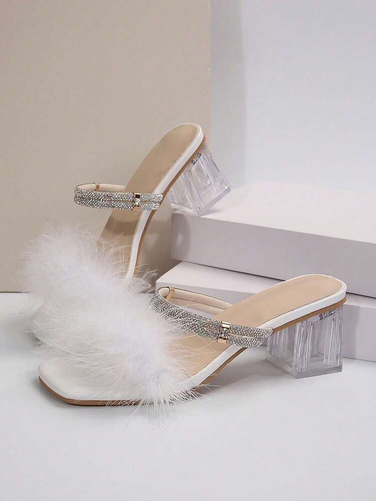 French Retro Chunky High Heel Sandals For Women, New Summer Design With Furry Decor, Niche High-End, Slimming, Fashionable, Versatile, Comfortable - White - View 4