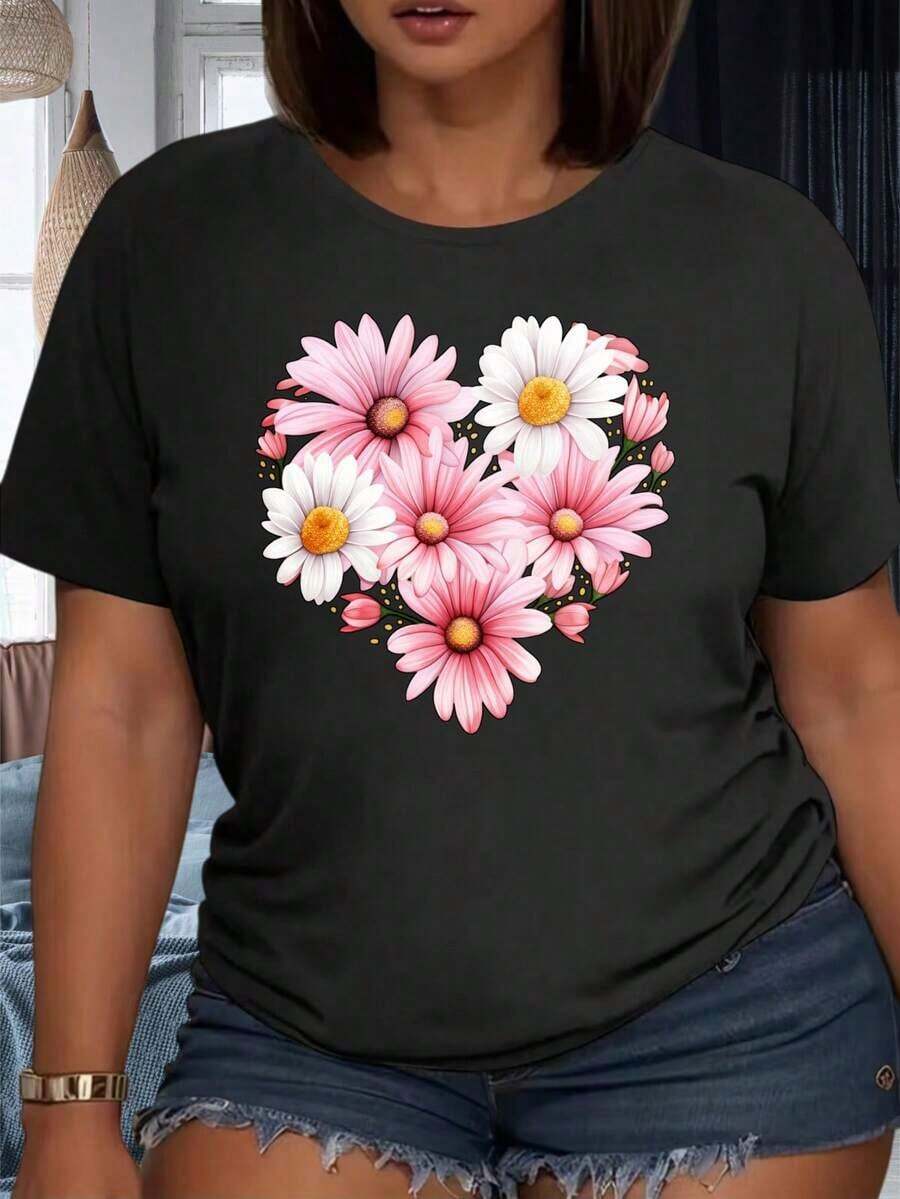 Camiseta Blanca con Diseño de Corazón Floral para Mujer, Top Casual de Verano con Estampado Gráfico de Margaritas y Flores Rosas, Cuello Redondo, Manga Corta, 220g, 100% Algodón - Negro - Ver 1