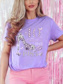 Women's 1985 Birthday Graphic T-Shirt - "Still Beautiful At 40" Design, Casual Crew Neck, Short Sleeve, Lightweight Polyester, Spring/Summer Celebration Essential, Women's T-Shirt - Basic And Versatile - 黑色 - 查看 10