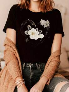 Camiseta con Estampado Gráfico de Moda, Top Casual de Manga Corta y Cuello Redondo con Diseño de Corazón y Flores, Lavable a Máquina, Adecuada para Camisetas de Primavera y Verano para Mujer, Espaciosa - Negro - Ver 6