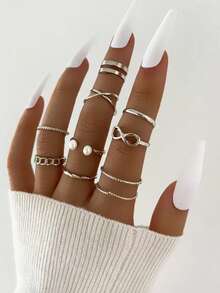 9pcs Asymmetrical Wide Chain Thin Ring Jewelry Set, Women's Fashion Jewelry, Suitable For Daily Wear And Parties - Silver - View 6