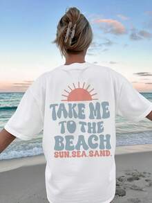 Women's Spring/Summer Clothing With Double-Sided Print, Vintage Style Top For Women, Sun And Beach Design, "Take Me To The Beach" Print, Versatile Short Sleeve, Drop Shoulder, Oversized T-Shirt, Women's Winter Clothing. - 白色 - 查看 4