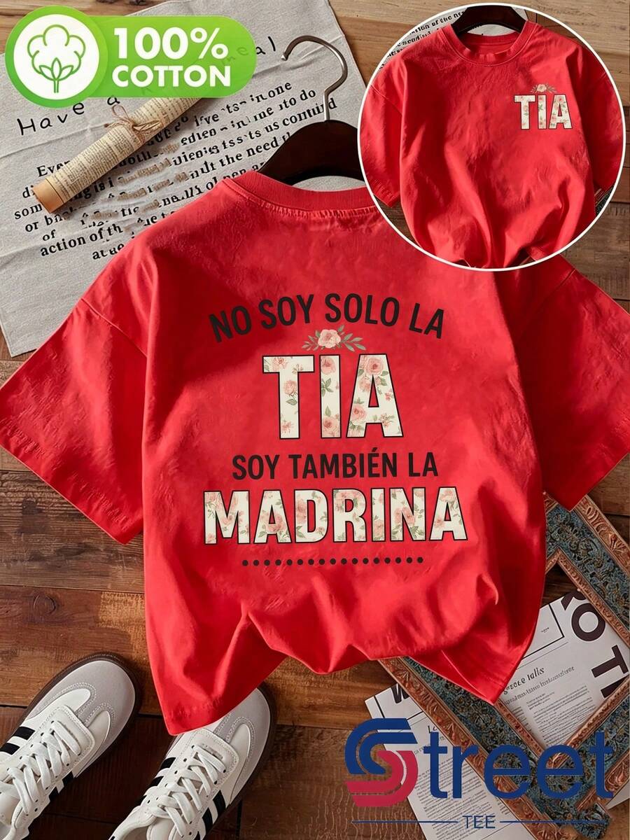 Camiseta de manga corta para mujer, estilo latinoamericano, con estampado floral de "No Soy Solo La Tía", única y versátil, para amantes de la cultura española/uso diario, estampado a doble cara, diseño simple y moderno, transpirable, ropa casual de verano, unisex. - Rojo - Ver 1