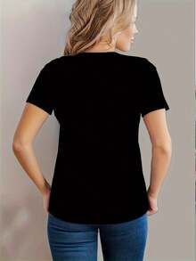 Cozy Comfy LoungeVitality Printed Crew Neck T-Shirt - Soft, Breathable, And Casual Short-Sleeved T-Shirt, Suitable For Spring And Summer Wear - Comfortable Everyday Wear For Women - Soft And Relaxed Loungewear. - 黑色 - 查看 2